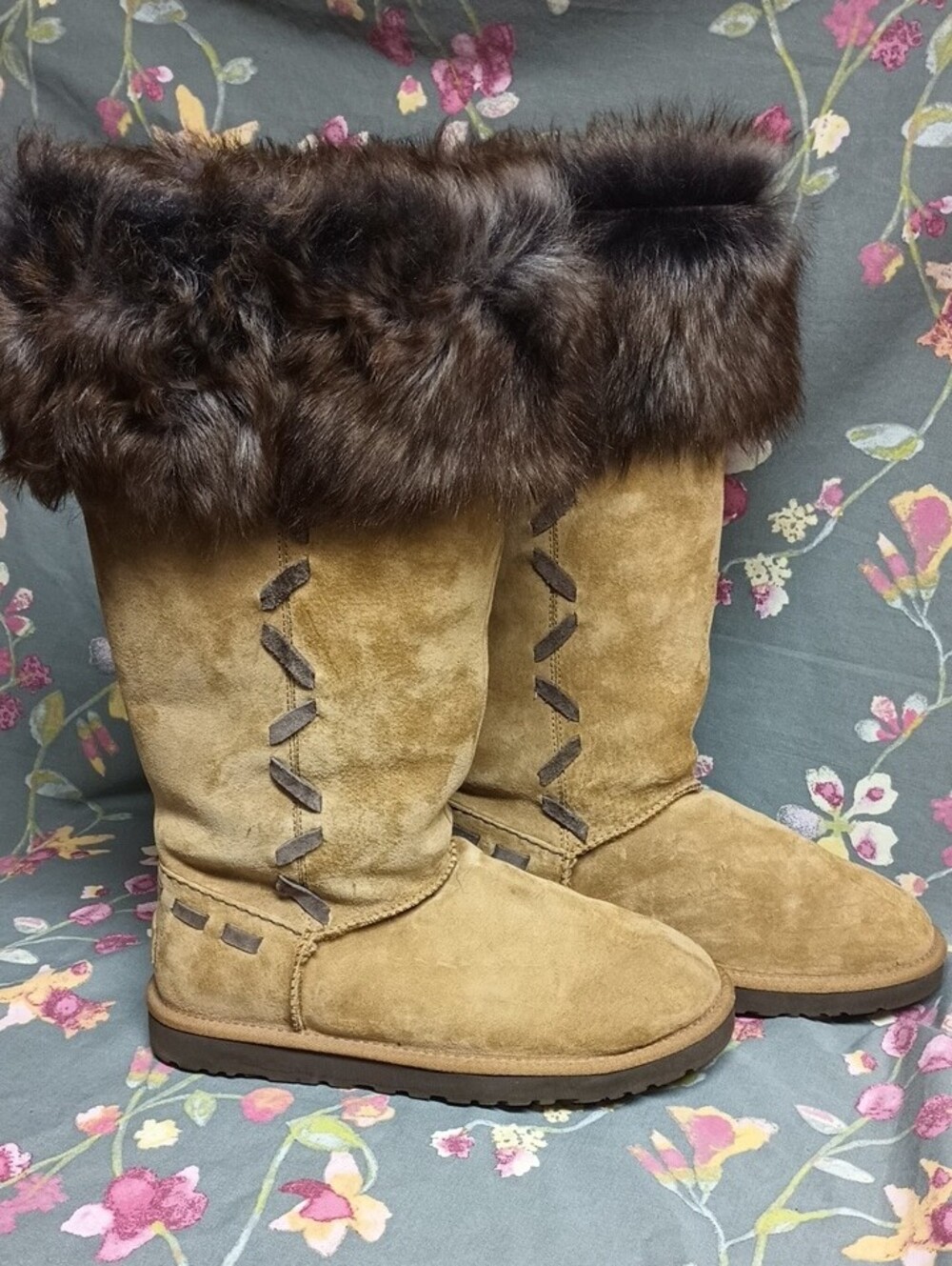 UGG Australia Rosana Tall Suede Fur Cuff Boots Chestnut Size 8